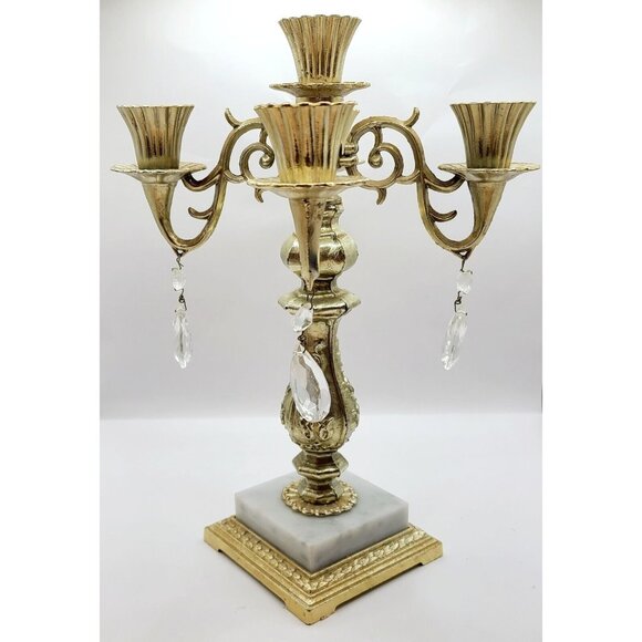 Vtg Dilly Candelabra 5 Arm Gold 12" Candle Stick Holder Marble Base W/ Crystals - Picture 2 of 15